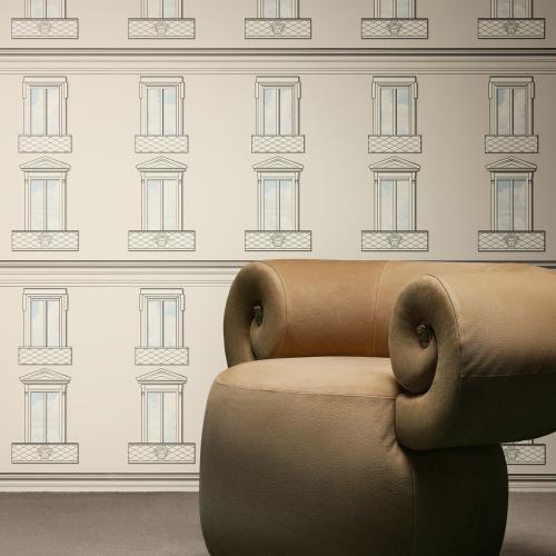 Versace Black Cream Baroque Medusa Window Non-Woven Designer Wallpap by Luxury Group International