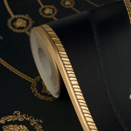 Versace Black Gold Circular Medusa Ornaments Designer Wallpaper by Luxury Group International
