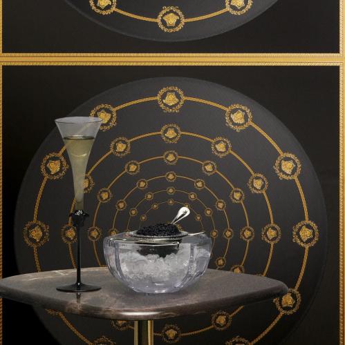 Versace Black Gold Circular Medusa Ornaments Designer Wallpaper by Luxury Group International