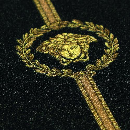 Versace Black Gold Medusa Striped Baroque Designer Wallpaper Detail View by Luxury Group International