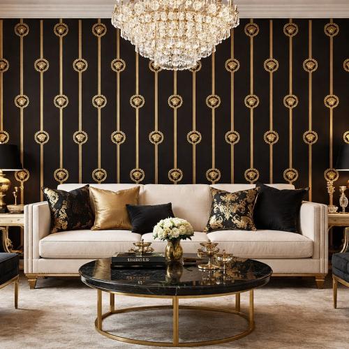 Versace Black Gold Medusa Striped Baroque Designer Wallpaper by Luxury Group International