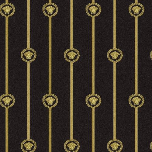 Versace Black Gold Medusa Striped Baroque Designer Wallpaper by Luxury Group International