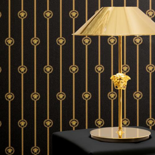 Versace Black Gold Medusa Striped Baroque Designer Wallpaper by Luxury Group International