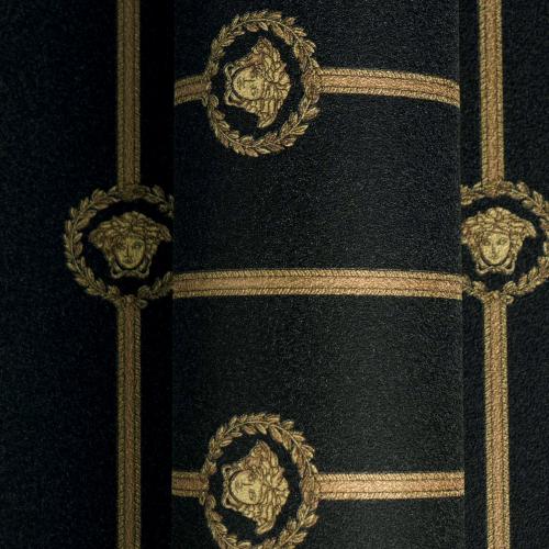 Versace Black Gold Medusa Striped Baroque Designer Wallpaper by Luxury Group International