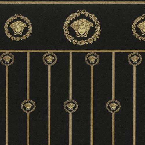 Versace Black Gold Medusa Striped Baroque Non Woven Designer Wallpaper by Luxury Group International
