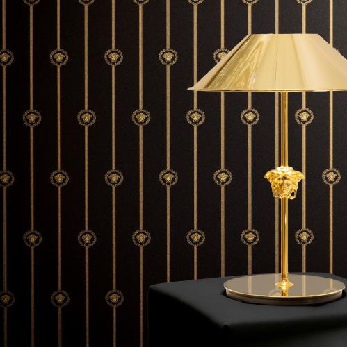 Versace Black Gold Medusa Striped Baroque Non Woven Designer Wallpaper by Luxury Group International
