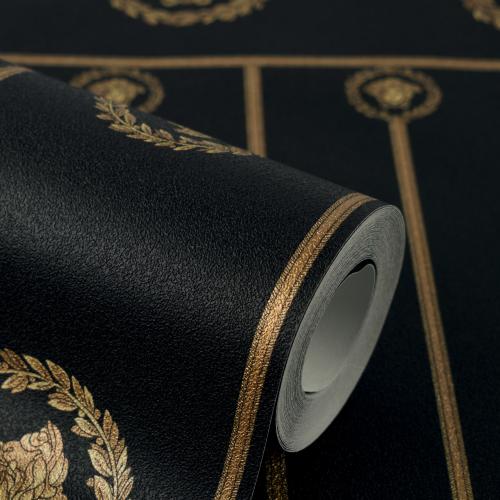 Versace Black Gold Medusa Striped Baroque Non Woven Designer Wallpaper by Luxury Group International