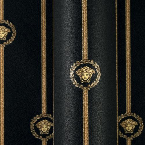 Versace Black Gold Medusa Striped Baroque Non Woven Designer Wallpaper by Luxury Group International