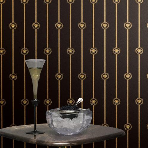 Versace Black Gold Medusa Striped Baroque Non Woven Designer Wallpaper by Luxury Group International