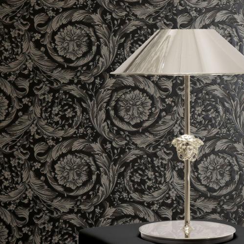 Versace Black & Grey Floral Motif Baroque Non-Woven Designer Wallpaper by Luxury Group International