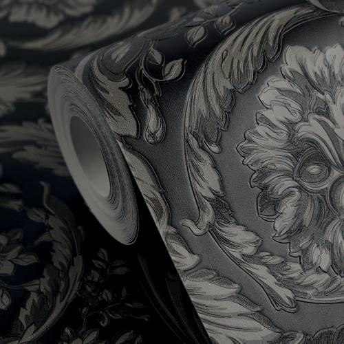 Versace Black & Grey Floral Motif Baroque Non-Woven Designer Wallpaper by Luxury Group International