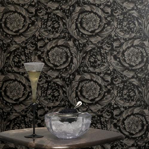 Versace Black & Grey Floral Motif Baroque Non-Woven Designer Wallpaper by Luxury Group International