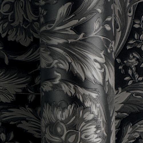 Versace Black & Grey Floral Leaf Motif Baroque Non-Woven Designer Wallpaper by Luxury Group International