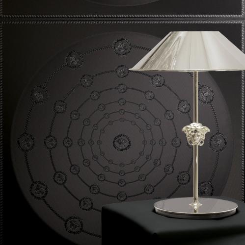 Versace Black Silver Circular Medusa Ornaments Designer Wallpaper by Luxury Group International