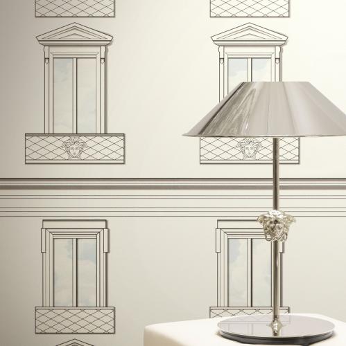 Versace Black White Baroque Medusa Window Non-Woven Designer Wallpaper by Luxury Group International