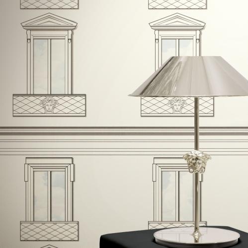 Versace Black White Baroque Medusa Window Non-Woven Designer Wallpaper by Luxury Group International
