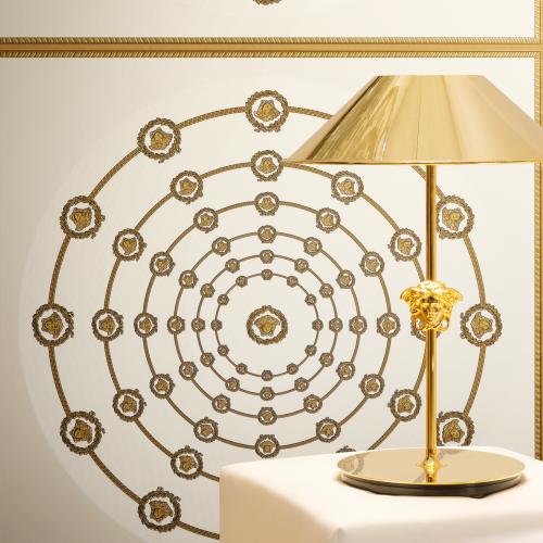 Versace Circular Medusa Ornaments Non Woven Wallpaper White Gold Black by Luxury Group International