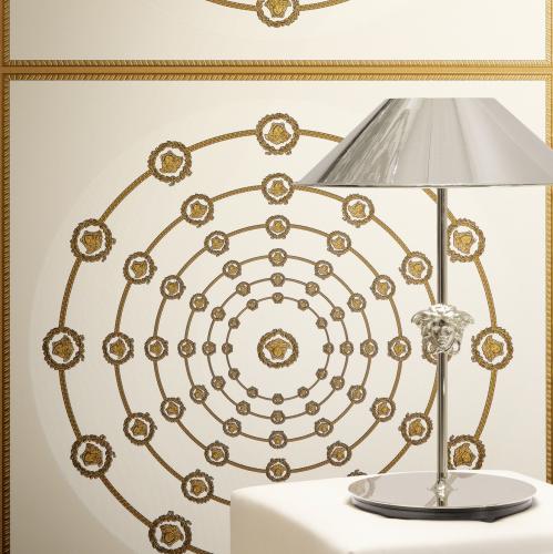 Versace Circular Medusa Ornaments Non Woven Wallpaper White Gold Black by Luxury Group International