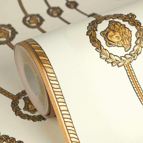 Versace Circular Medusa Ornaments Non Woven Wallpaper White Gold Black by Luxury Group International