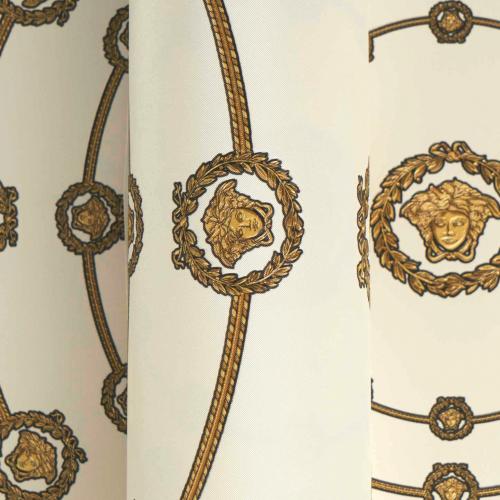 Versace Circular Medusa Ornaments Non Woven Wallpaper White Gold Black by Luxury Group International