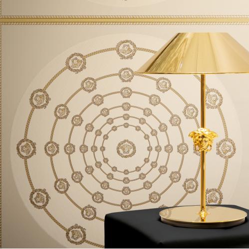 Versace Cream Gold Circular Medusa Ornaments Non Woven Wallpaper Lifestyle View by Luxury Group International