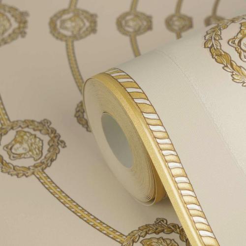 Versace Cream Gold Circular Medusa Ornaments Non Woven Wallpaper by Luxury Group International