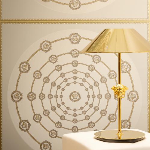 Versace Cream Gold Circular Medusa Ornaments Non Woven Wallpaper by Luxury Group International