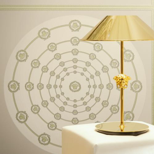 Versace Cream Light Green Circular Medusa Ornaments Non-Woven Wallpaper Lifestyle View by Luxury Group International