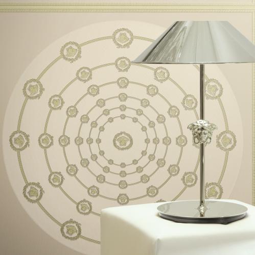Versace Cream Light Green Circular Medusa Ornaments Non-Woven Wallpaper by Luxury Group International