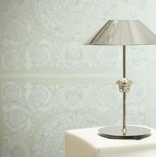 Versace Cream Pastel Green Baroque Heritage Print Designer Wallpaper by Luxury Group International