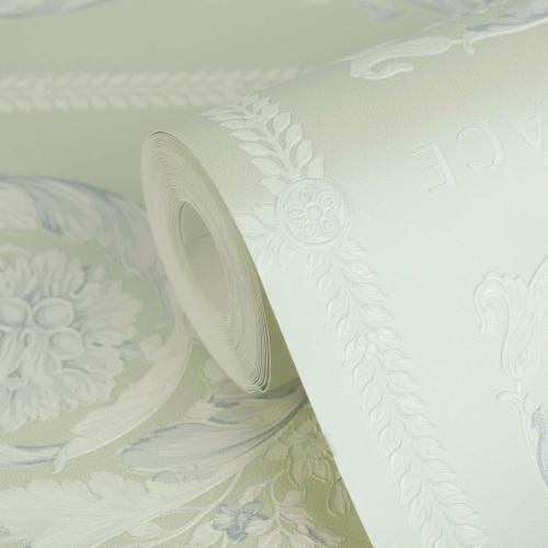 Versace Cream Pastel Green Baroque Heritage Print Designer Wallpaper by Luxury Group International