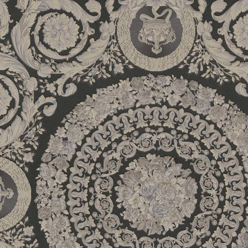 Versace Tiefes Anthrazit Silber Barock Heritage Print Designer Tapete Vorderansicht von Luxury Group International
