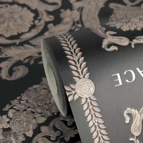 Versace Tiefes Anthrazit Silber Barock Heritage Print Designer Tapete von Luxury Group International