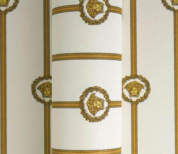 Versace Gold White Medusa Stripe Baroque Non Woven Designer Wallpaper by Luxury Group International