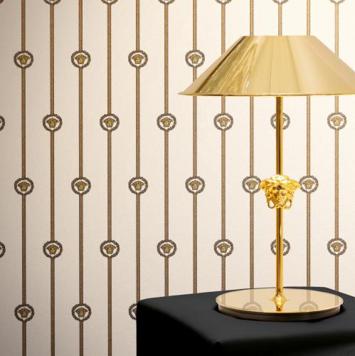 Versace Gold White Medusa Stripe Baroque Non Woven Designer Wallpaper by Luxury Group International
