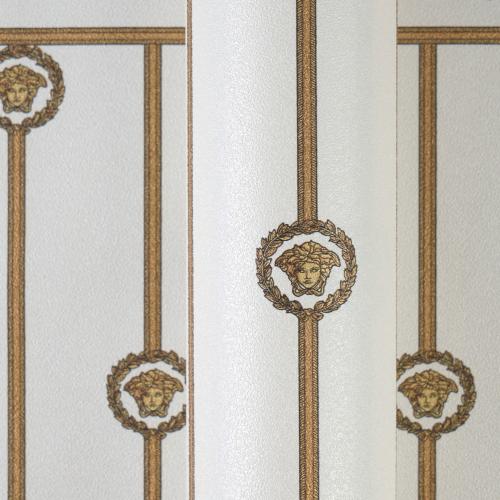 Versace White Gold Medusa Striped Baroque Non Woven Designer Wallpaper by Luxury Group International