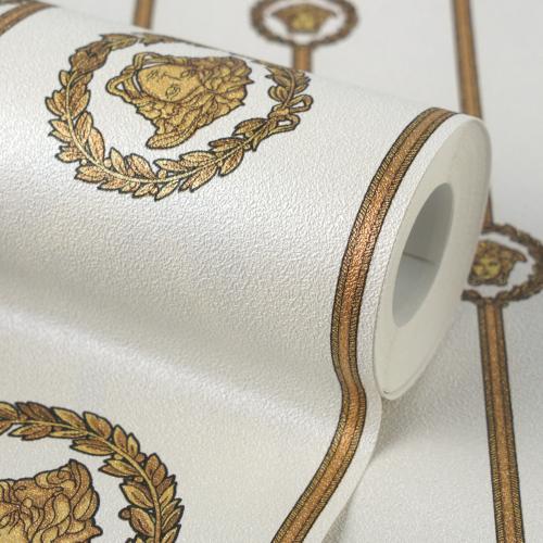 Versace White Gold Medusa Striped Baroque Non Woven Designer Wallpaper by Luxury Group International