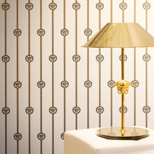 Versace White Gold Medusa Striped Baroque Non Woven Designer Wallpaper by Luxury Group International