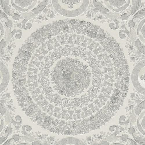 Versace Grau Silber Barock Heritage Medaillon Designer Tapete Vorderansicht von Luxury Group International