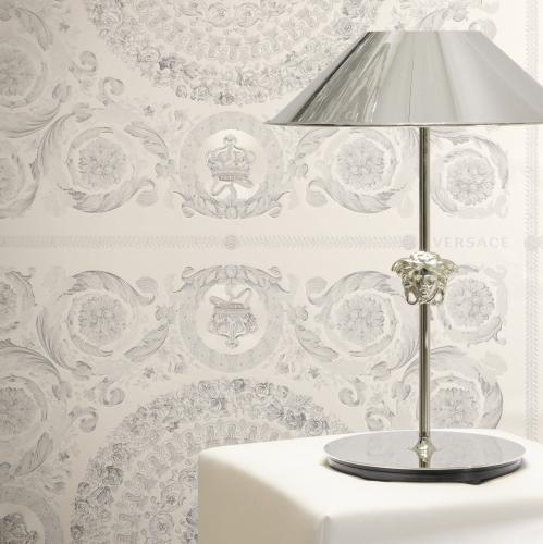 Versace Grau Silber Barock Heritage Medaillon Designer Tapete von Luxury Group International