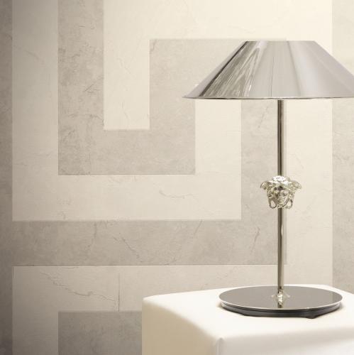 Versace Greek Key Pattern Modern Beige/White Designer Wallpaper Lifestyle View by Luxury Group International