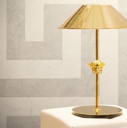 Versace Greek Key Pattern Modern Designer Wallpaper in Beige & White for Home Decor by Luxury Group International