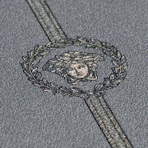 Versace Grey Golden Medusa Striped Baroque NonWoven Designer Wallpaper Detail View by Luxury Group International
