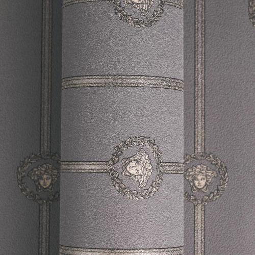 Versace Grey Golden Medusa Striped Baroque NonWoven Designer Wallpaper by Luxury Group International