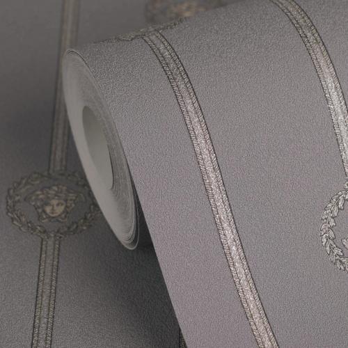 Versace Grey Golden Medusa Striped Baroque NonWoven Designer Wallpaper by Luxury Group International