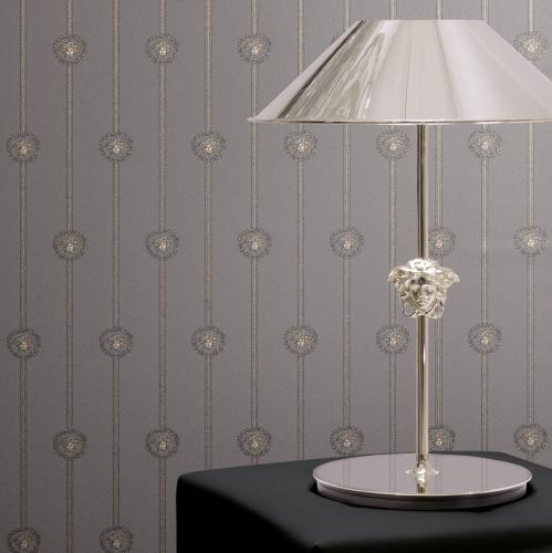Versace Grey Golden Medusa Striped Baroque NonWoven Designer Wallpaper by Luxury Group International