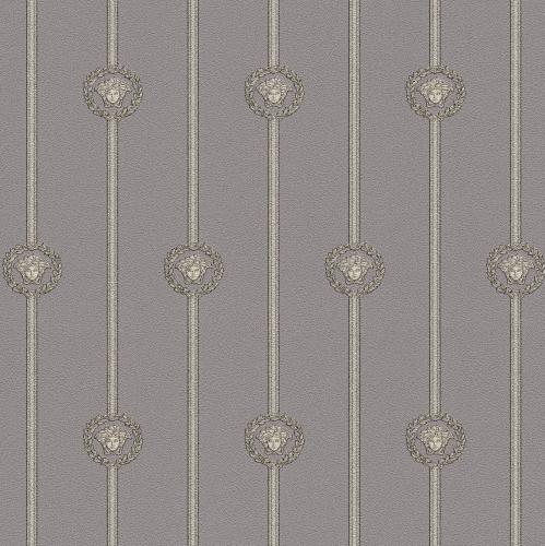 Versace Grey Golden Medusa Striped Baroque NonWoven Designer Wallpaper by Luxury Group International