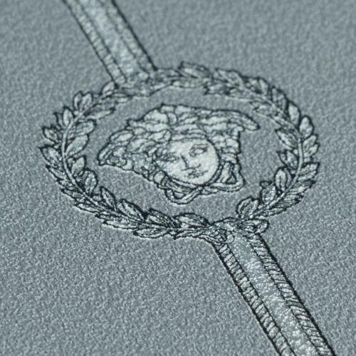 Versace Grey Silver Medusa Striped Baroque Designer Wallpaper Detail View by Luxury Group International