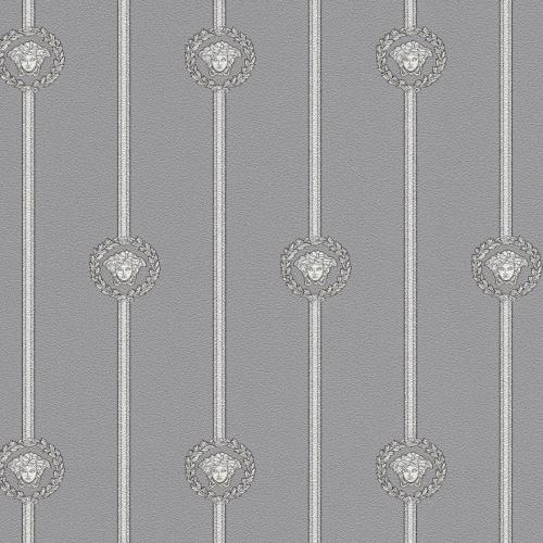 Versace Grey Silver Medusa Striped Baroque Designer Wallpaper Front View by Luxury Group International