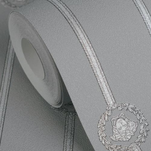 Versace Grey Silver Medusa Striped Baroque Designer Wallpaper by Luxury Group International